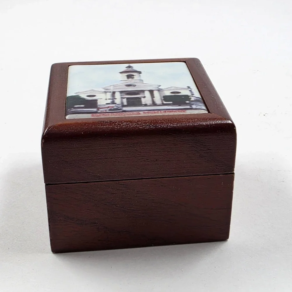 Vintage Wooden Trinket Box Church Cathedral Tile Inlay Velvet Lined Jewelry Box